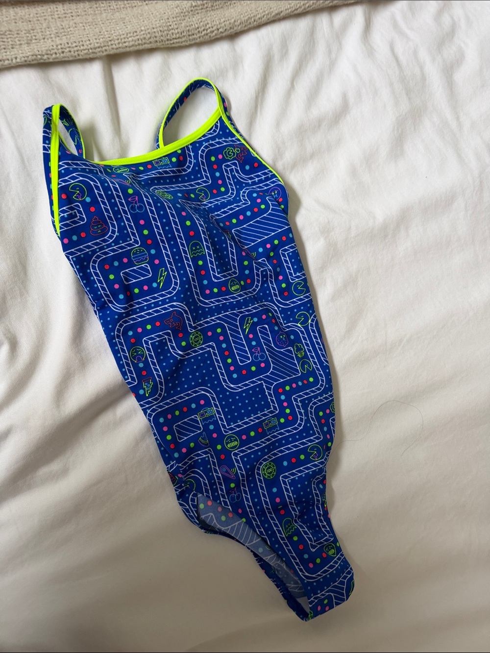 Women’s Blue Maze-Print One-Piece Swimsuit with Neon Trim